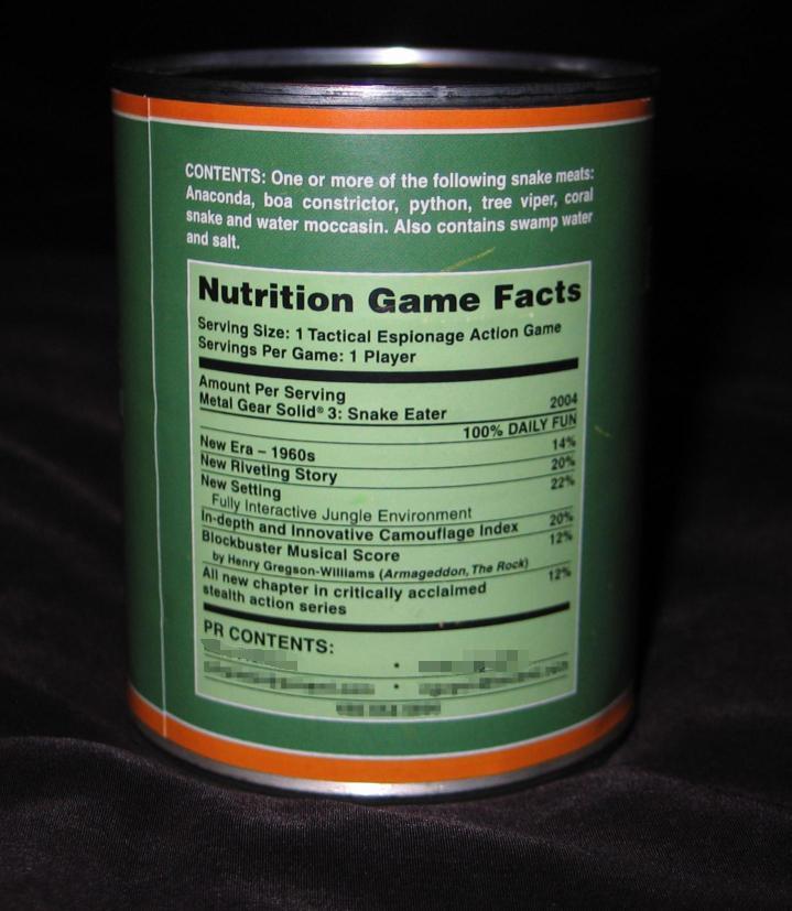 E3 2004 Snake Meat Can (The blurred parts are Konami PR contact information)