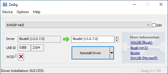 Zadig libusbK driver installed avrispmkII.png
